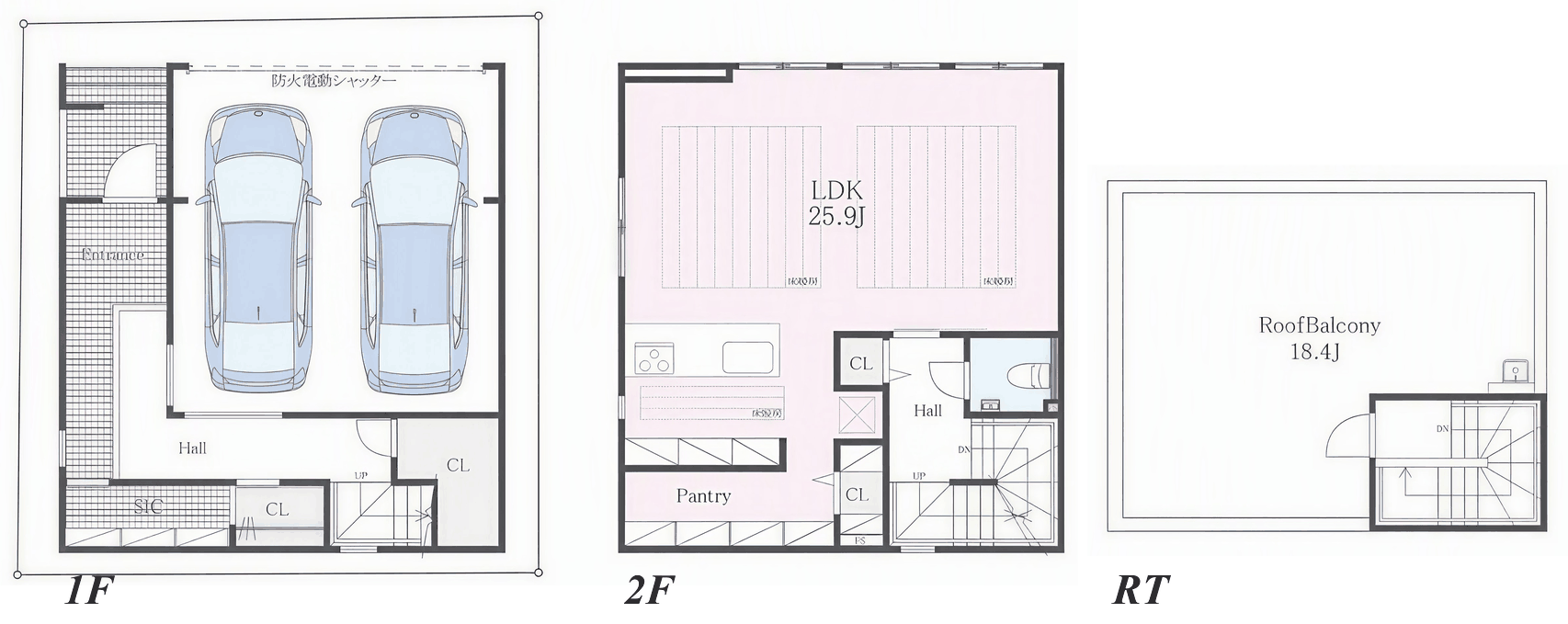 ガレージハウスの間取り図（1F・2F・RT）