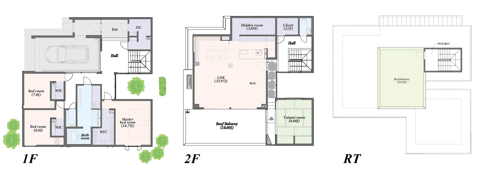 長谷の家の間取り図（1F・2F・RT）