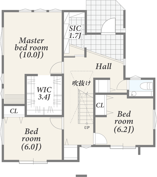 1階の間取り図（主寝室10.0帖、寝室6.2帖・6.0帖、WIC3.4帖、SIC1.7帖、吹抜け）