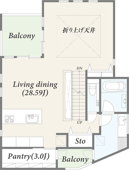 2階の間取り図（リビングダイニング28.59帖、パントリー3.0帖、バルコニー2か所）