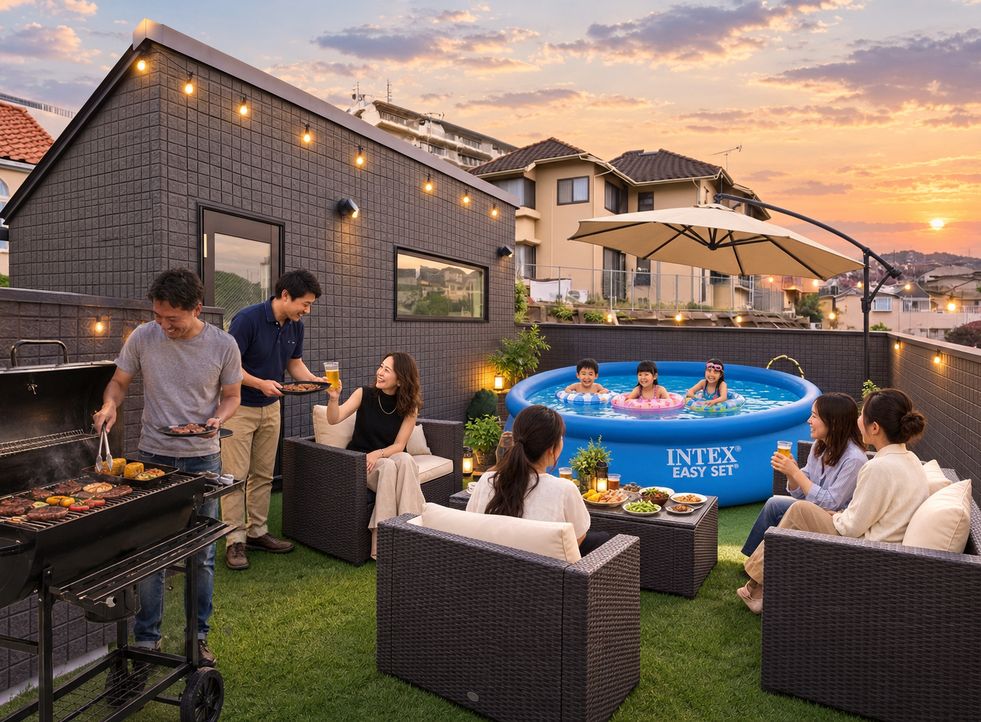 夕暮れのルーフバルコニーでBBQとプール遊び