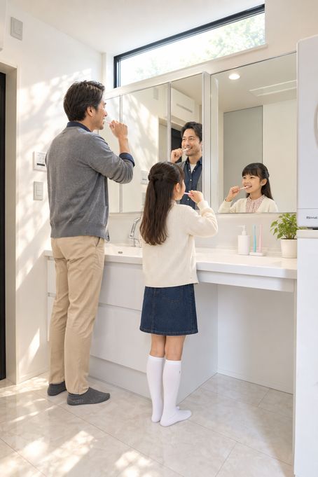 広い洗面台で並んで歯みがきをする父と娘